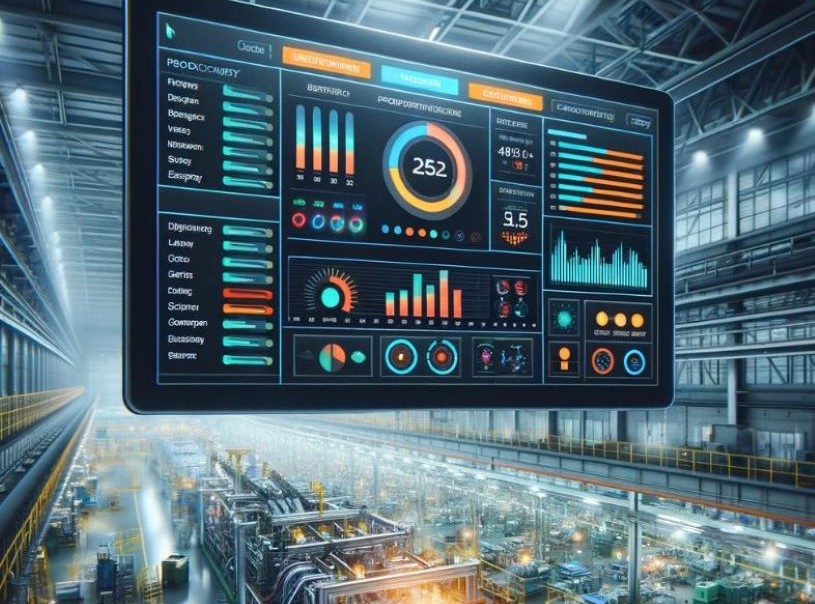 Business Analytics on Monitor Over Manufacturing Floor